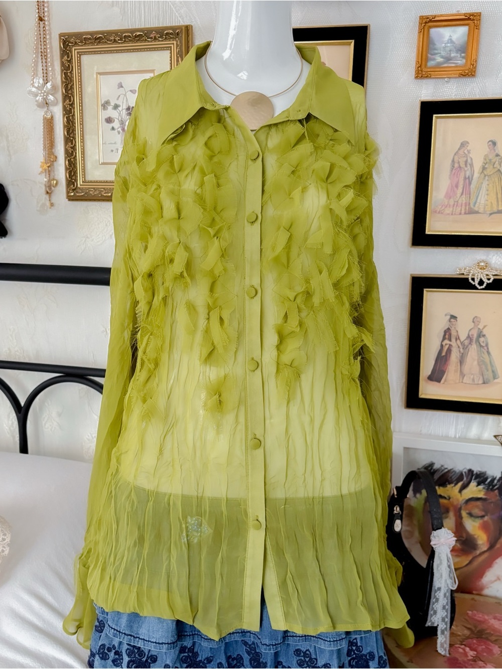 Y2k vintage fairy retro whimsigoth girly distressed chiffon ribbon accent blouse
